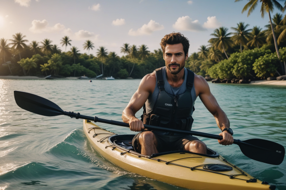 Mann paddelt in einem Kajak zwischen Palmen und ruhigem Wasser.