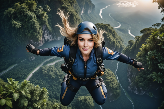 Eine Frau in einem blauen Fallschirmspringeranzug springt über einer üppigen Landschaft.