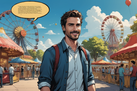 Junger Mann mit lässigem Outfit, steht vor einem Freizeitpark mit Fahrgeschäften.