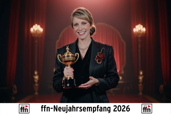 Frau in schwarzem Anzug hält einen Pokal, vor rotem Hintergrund mit Kerzenleuchtern.