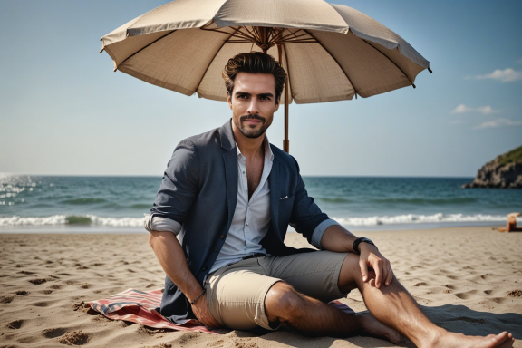 Mann sitzt entspannt am Strand unter einem Sonnenschirm, im Hintergrund das Meer.