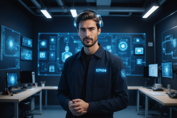 Mann mit Kopfhörern in einem technologischen Raum mit Bildschirmen und Datenvisualisierungen.