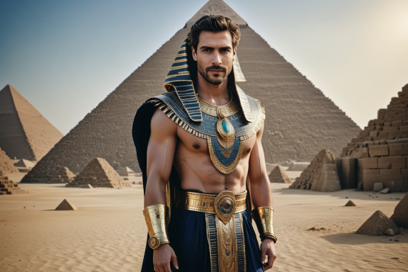 Mann in ägyptischer Pharaonen-Kleidung vor Pyramiden in der Wüste.