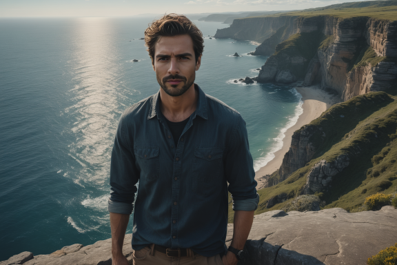 Mann steht am Klippenrand mit Blick auf das Meer und die Küste im Hintergrund.