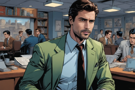 Mann in grünem Anzug sitzt in einem Büro voller Menschen und Akten.