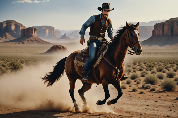 Ein Reiter in Westernkleidung galoppiert durch eine Wüstenlandschaft.