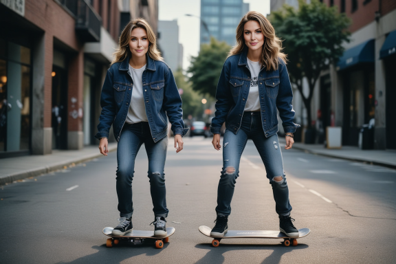 Zwei Frauen auf Skateboards in einer Stadtstraße, beide tragen Jeanjacken und Jeans.