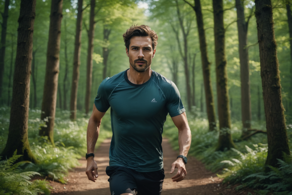 Mann in sportlicher Kleidung joggt auf einem Waldweg zwischen hohen Bäumen.