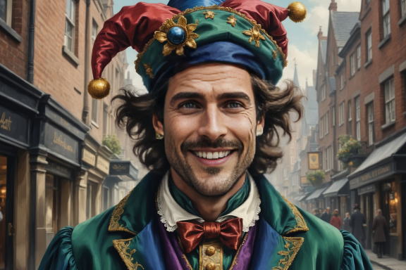 Mann in historischer Kleidung mit buntem Narrenhut und fröhlichem Lächeln auf einer Straße.
