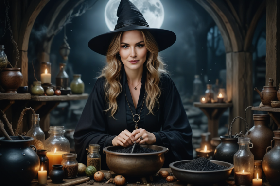 Hexe in schwarzer Robe mit Zaubertrank, umgeben von Kerzen und mystischer Atmosphäre.