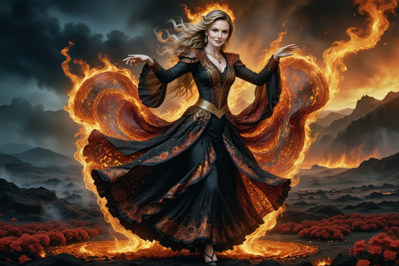 Frau in eleganter Robe, umgeben von Feuer und dramatischem Hintergrund in einer fantastischen Szenerie.