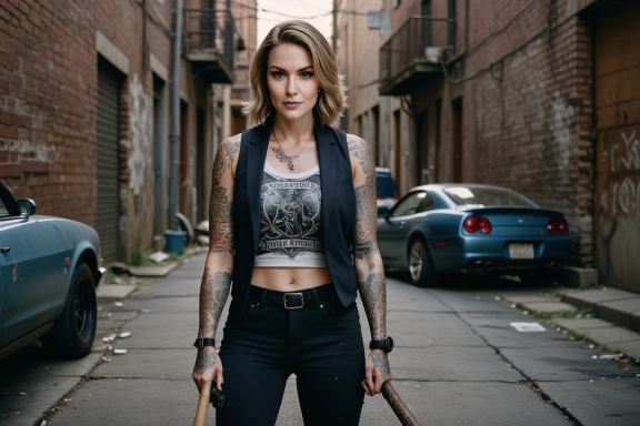 Frau mit tätowierten Armen in einem schmalen Straßenzug, hält einen Stock.