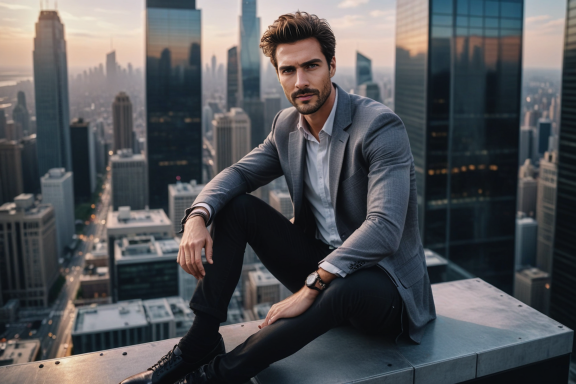 Mann im Anzug sitzt auf einem Hochhausdach mit Blick auf die Stadt bei Sonnenuntergang.