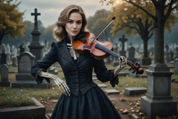 Frau mit Skelettarmen spielt Geige in einem Friedhof mit Grabsteinen im Hintergrund.