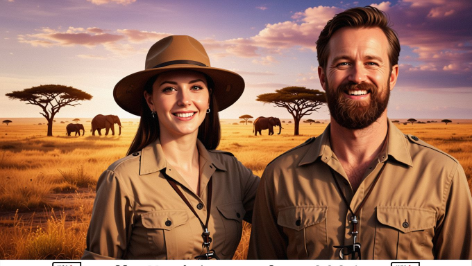 Zwei Personen in Safari-Kleidung stehen vor einer afrikanischen Savanne mit Elefanten.