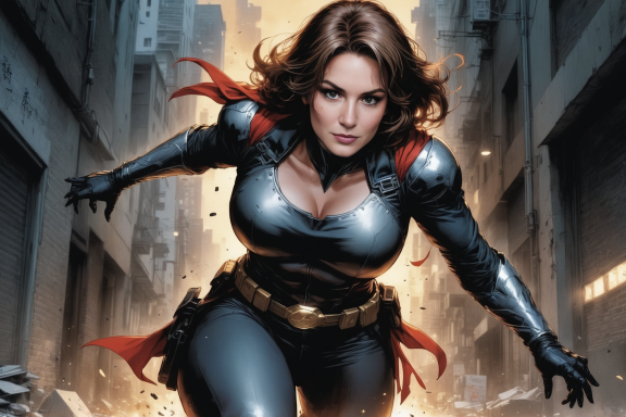 Dynamische Superheldin in Kampfhaltung, trägt ein enganliegendes Kostüm und Umhang.