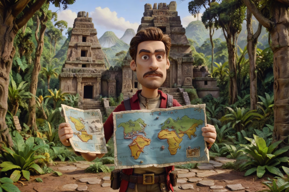 Ein Mann hält eine Weltkarte vor einer Dschungel-Szenerie mit alten Ruinen.